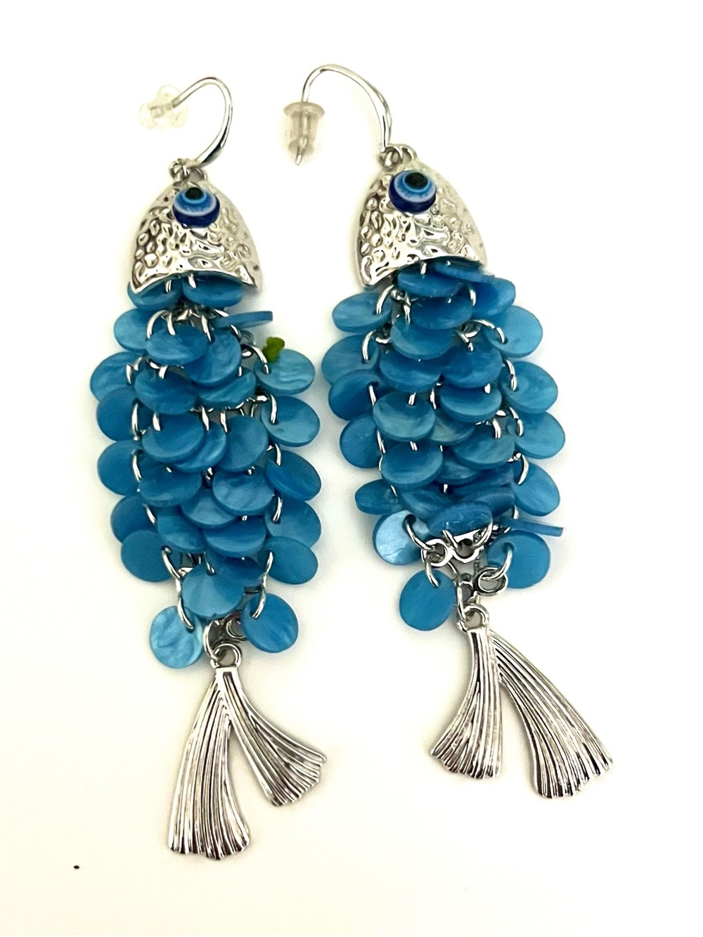 NWOT Blue Disc FISH Statement Earrings
